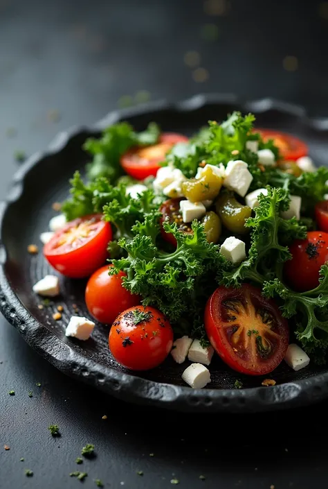 Black stone plate with dark kale, charcoal-grilled cherry tomatoes, pickled black garlic, and ash-roasted bell peppers. Bright white feta and neon-green herb vinaigrette create striking contrast. Moody, low-key lighting.