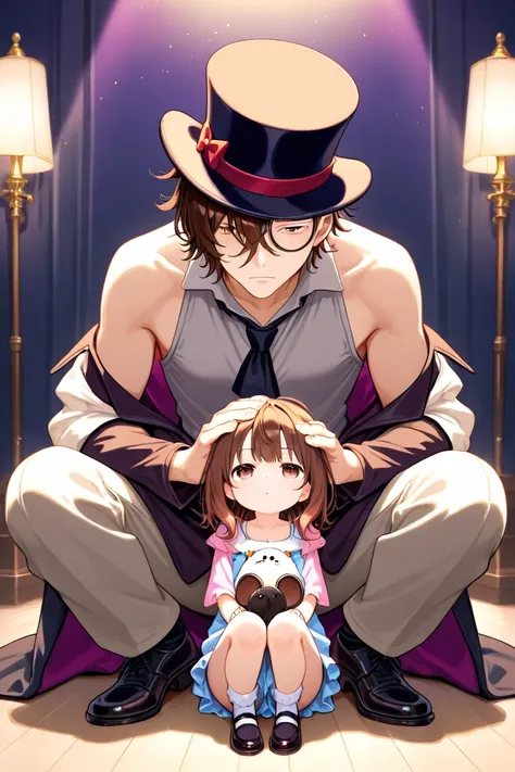 brown hair emotionless man, mad hatter's vibe, wearing a small top hat and the side of his head and have an adorable pet mouse with a small top hat. Make him more male like.