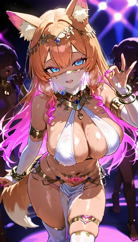 mari iochi,gilharem, mouth veil, bare shoulders, armlet, bridal gauntlets, dancer, usekh collar, pelvic curtain, white thighhighs, toeless legwear, gradient hair, two-tone hair,, fox ears, fox tail, halterneck, bracelet, necklace, thigh strap, heart tattoo...