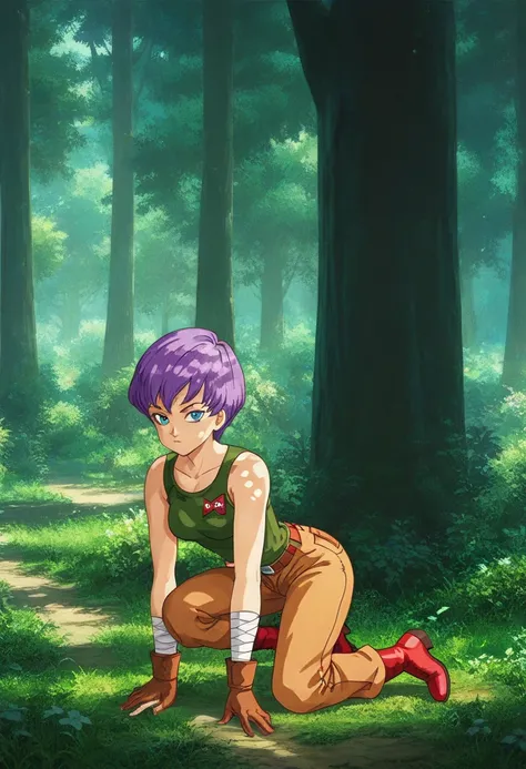 source_anime, score_9, score_8_up, score_7_up, anime screencap, high quality, 8k, absurdres,
1girl, solo, official art, official style, 
colonel violet, short hair, purple hair, blue eyes, 
brown gloves, boots, belt, pants tucked in, red footwear, bandaged...