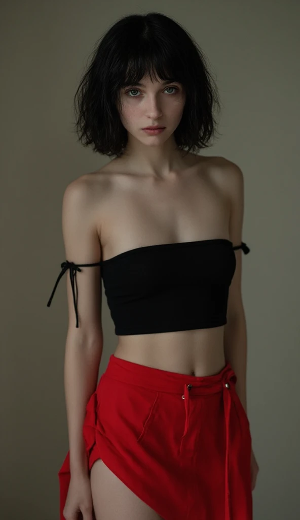 Black hair, green eyes, short hair, European beauty, Caucasian, a hyperrealistic girl, soft portrait shot 8 k, frightened look, skinny, young and cute girl, realistic, photography. soft lighting, young alternative girl, wearing crop black top and red minis...