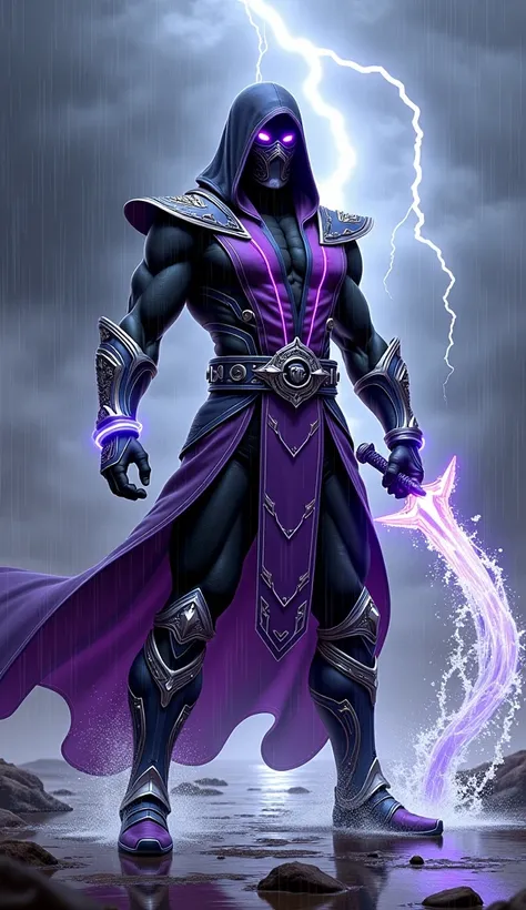 Prompt:
"A hyper-realistic, full-body depiction of a powerful warrior inspired by Rain from Mortal Kombat. He wears a sleek, deep purple and black armored ninja suit with intricate silver accents and glowing water-like energy veins running across the fabri...