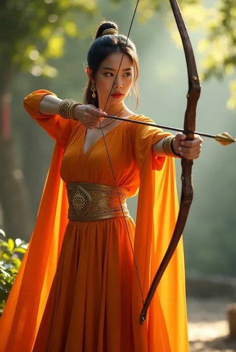 A superior female archer wearing a bright orange long dress and gold accessories stands her face facing the front with a stail pointing an arrow bow towards the front blurred background bright morning and foliage realistic close-up picture full hd best qua...