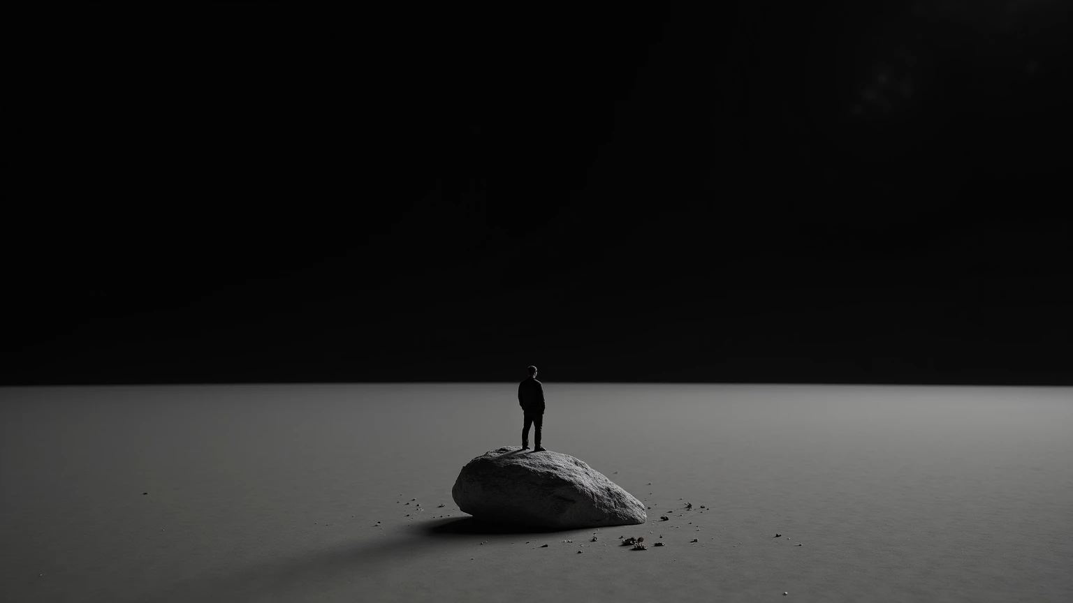 A man stands alone on a barren, floating rock in an endless void. There is no god, no light, no celestial energy—only emptiness stretching infinitely. The sky is pure black, with no stars, no hope, just eternal silence. The scene is existential, surreal, a...