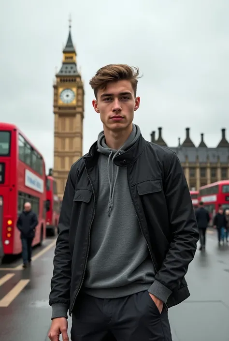 A photograph of the same young man in the image, keeping his exact facial features, hairstyle, clothing, and posture. The only change is the background, which is now a London cityscape with landmarks like Big Ben, red double-decker buses, and traditional B...