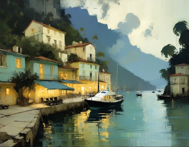 Konstantin Korovin style - oil painting of a beautiful yacht retreat in PARATI, RIO DE JANEIRO. Soft colors. Artwork by Abbott Handerson Thayer.jeremy mann style, jeremy mann art, jeremy mann painting, alessandro pautasso art, james gurney painting style, ...