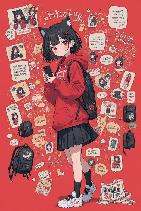 ultra-detailed,(best quality), (highres),original,extremely detailed, 8K, wallpaper,(an extremely delicate and beautiful),
anime,

BREAK
1girl,red eyes,red background,hood,backpack,cat,red hoodie,drawstring,black hair,shoes,hood down,hoodie,long sleeves,so...