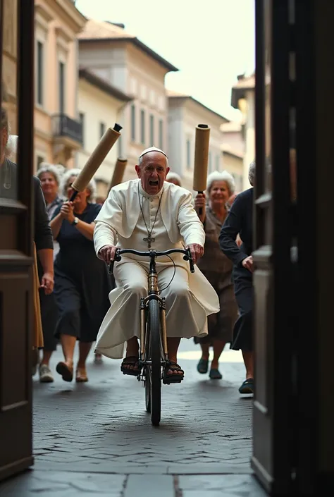 Wide angle sideview photograph from inside the door of a cafe, looking out onto the street. Six very angry grandmothers chasing the pope down the street. They are holding rolled up newspapers or rolling pins and waving them angrily in the air as they chase...