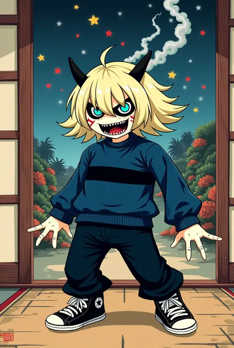 Ukiyo-e: evil loudmouth yōkai with blonde flippy bangs, dark blue eyes, dark blue sweater with black stripe, black pants and black sneakers. He emits a dark blue aura.