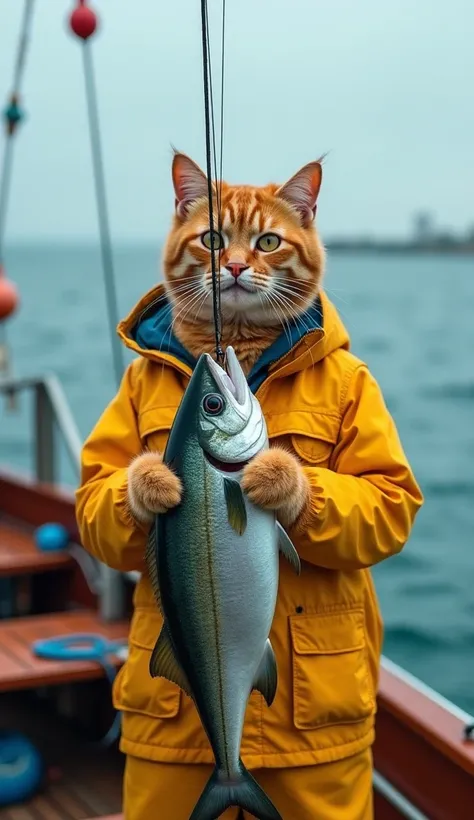 CREATE A REALISTIC PICTURE OF AN ORANGE CAT WEARING A YELLOW FISHERMAN'S CLOTHING CATCHIN BIG TUNA FISH AND THE FISH IS STILL ON HIS FISHING HOOK. The background is a brown boat and the ocean. Not far from the island