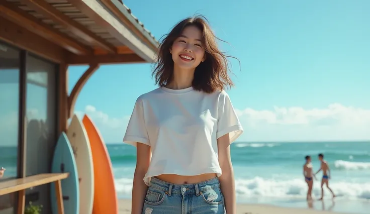 8k,  RAW Photo ,  top quality,  Masterpiece,  by Nomi,  Photorealistic,  the location is in front of a surf shop on the seashore 、Blue sky and ocean visible in the background 、A few surfers can be seen in the background 、The main character is a beautiful 1...