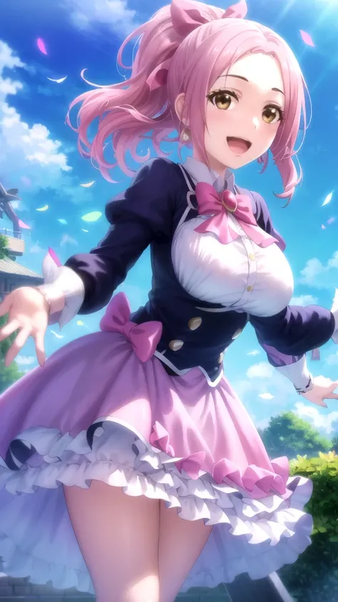 Masterpieces, Best Quality, girl, looking at viewer, maria sarushima, short hair, (brown eyes:1.3), pink hair, ponytail, ribbon, hair ribbon, large breasts, princess connect Re:Dive cosplay, princess Dress, standing, smile, open mouth, outdoors 