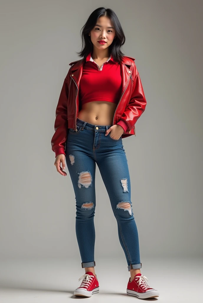 8K HD high quality image. Full Body Photo. Standing in her full height from head to toe. Make a video game character. Beautiful Chinese woman. Abs are cracked. Huge butt. Big thighs. Sexy body. Red tight polo shirt. Blue super tight jeans design with red e...