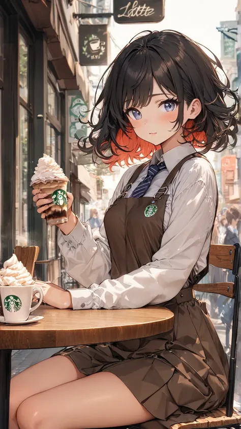  unclear(  TOP QUALITY、  Masterpiece、  high resolution)、((1 person)),( cute woman in school uniform ),After school, coffee shop , cafe terrace , table,Aoyama Street,(One, whipped cream ,Cafe latte,straw),Secret Talk, facing viewers,( black hair, Very Short...