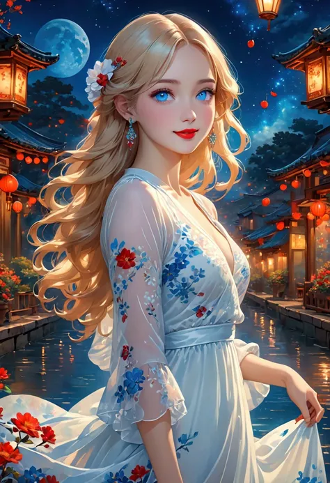  intense ink painting、 clear blue eyes 、 Perfect Face 、 cute girl、 petite and perfect style 、white flowing see-through long dress、 jewelry、 Long Blonde Hair 、 red lips、 Dynamic Poses、  look at me and smile、Night Sky、Beautiful lights 、 beautiful digital ill...