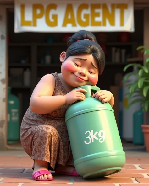 3D Animated Images. a fat mother from Indonesia, her hair rolled up using a red plastic roller. Long brown Indonesian batik motif negligee. wearing classic pink rubber Crocs sandals. sat asleep while hugging a large light green gas cylinder with the words ...