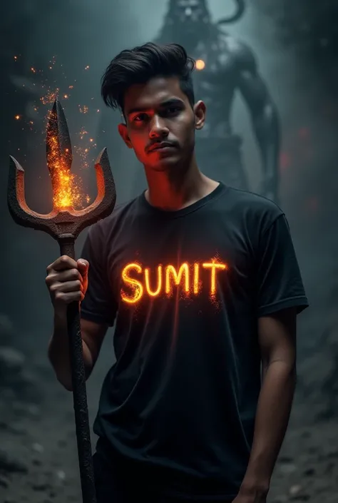 create high quality realistic image, a 20 year old boy wearing black t-shirt on which his name “Sumit” is written boldly with neon effect, boy is holding a trishul in his hand, background is of very dark, in which aggressive image of lord shiva, environmen...