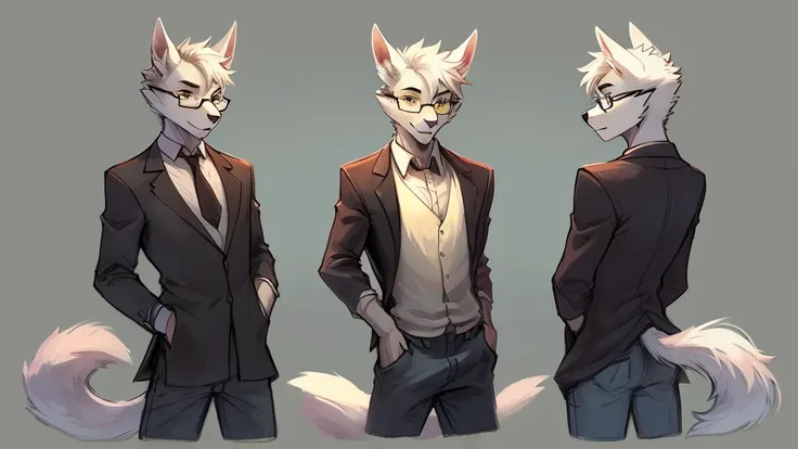 Male, arctic wolf, detailed yellow eyes, long tail, bartender, loose baggy jeans, slim, sly, simple background, glasses