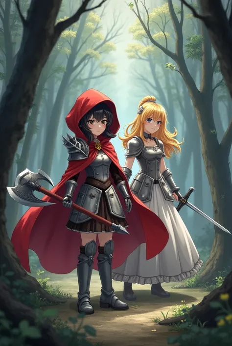  top quality,   ultra high resolution,(( girl)),Red Riding Hood vs. Cinderella 、( Little Red Riding Hood has a battle axe、 semi-long black hair, brown eyes,A costume that looks like a white and red armor)、(Cinderella has a large sword、 Long Golden Hair、 bl...