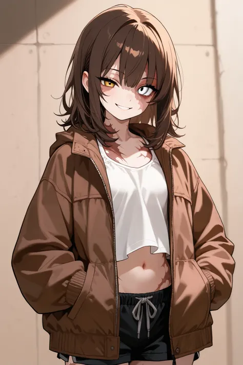 1 girl, brown medium hair, small eyes, tall, jacket, hands in jacket's pocket, looking at viewer, smile, scar on left face, burn scar on left face, burn scar on left body, scar on left body, white tanktop, black shorts, odd eye, brown right eye, white left...