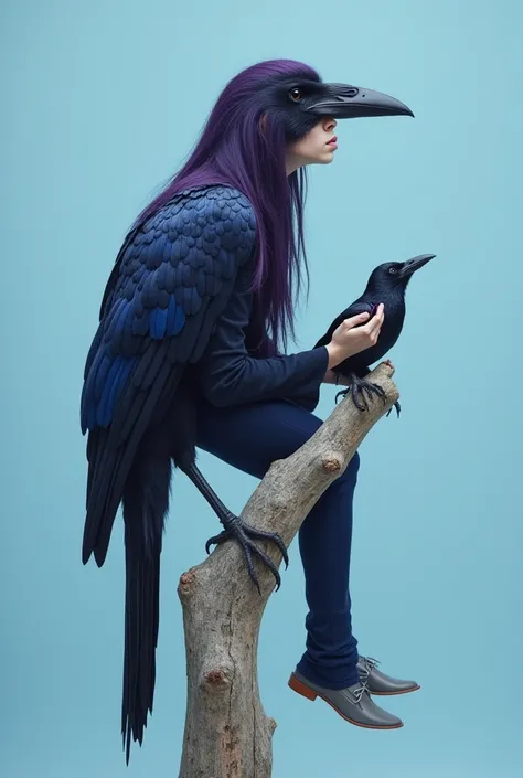 A majestic, dark bird, likely a raven, is captured in a medium shot, perched on a thick, gnarled branch. Its sleek, black plumage shimmers with hints of iridescent blue and purple, especially on its back and wings, catching the light. The bird's head is in...