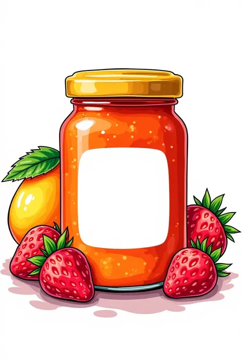 Create the logo of a jar of jam surrounded by fruits such as mango , strawberry , raspberry , must ,  and that in the middle there is a blank space to give the name and a slogan to and also a date but that it is a drawing to color 