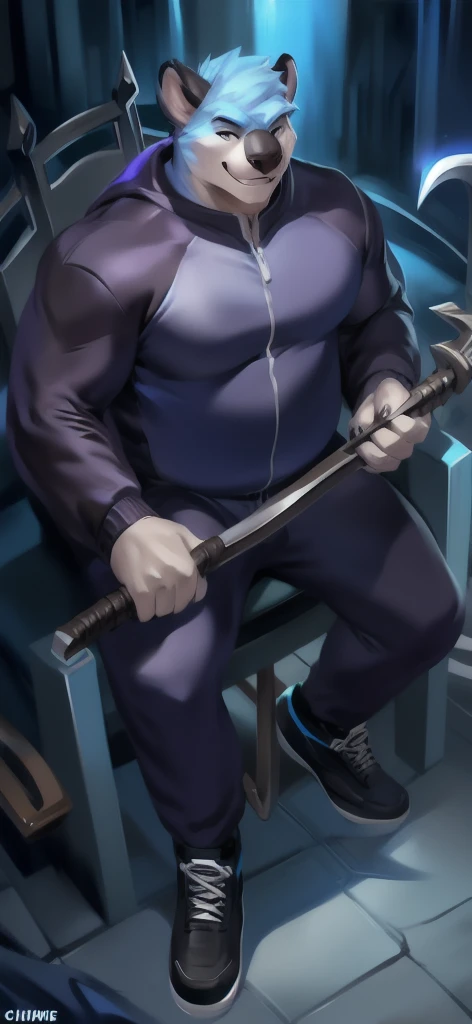 Solo, male Tall​ ,huge​ body​,​ Chair Ride ,underworld,Holding a sickle as a weapon to represent the Grim Reapers,koala ,ice blue Tracksuit soldier , Wear combat shoes, overweight, muscular, Smirking​ , by chunie 