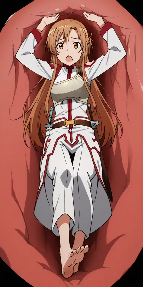 anime screencap, asuna, kb lieutenant outfit, barefoot, fullbody, sole feet, inside a stomach
stomach interior, open mouth, front view shot,