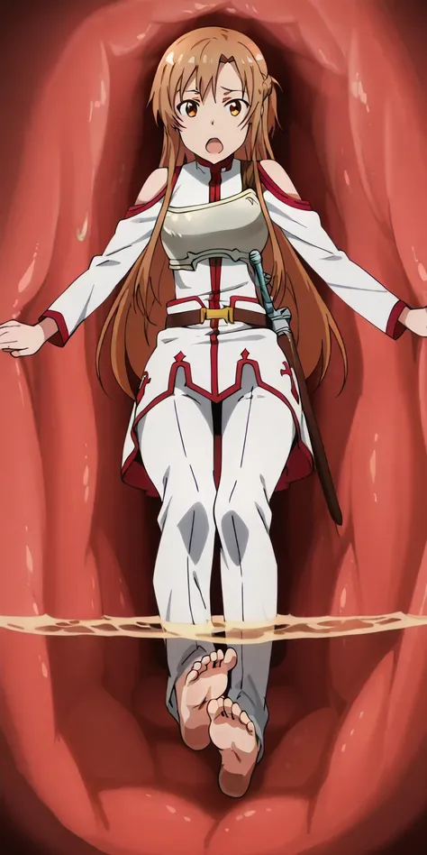 anime screencap, asuna, kb lieutenant outfit, barefoot, fullbody, sole feet, inside a stomach
stomach interior, open mouth, front view shot,