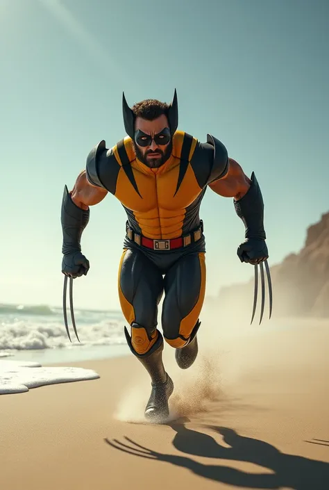 Wolverine,running on the beach, background of a vast expanse of beach sand,ocean side background, realistic image ,HD quality