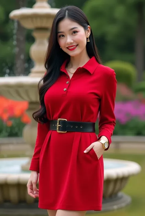 A beautiful Asian woman, chubby but sexy, soft white skin, big hips,medium breast,sweet smile,wearing royal-red  long sleeve polo dress with black belt,  brasserie inside,white den, ,shes standing like a model ,long straight black rebonded hair ,half hair ...