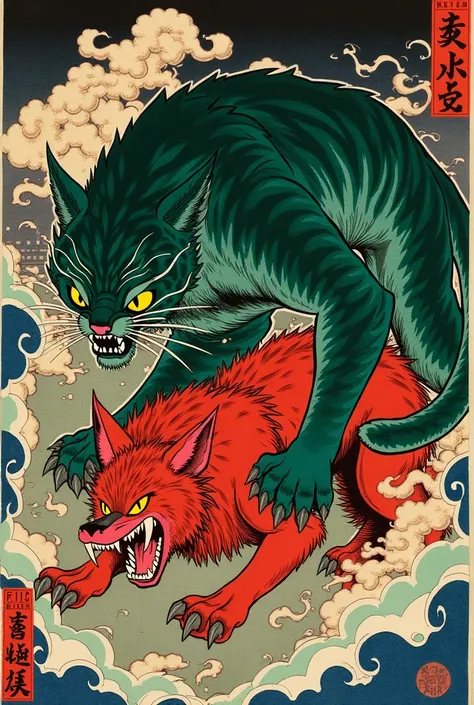 Ukiyo-e: evil green panther yōkai possessing a red wolf.