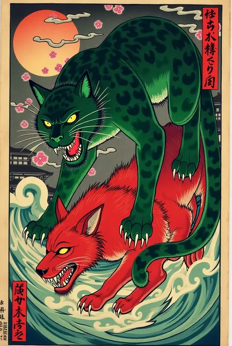 Ukiyo-e: evil green panther yōkai possessing a red wolf.