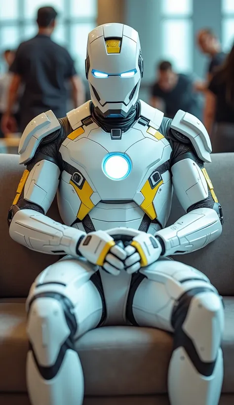 character: 1 Young Man With a full head mask.

action: Sitting relaxed on the sofa. Facing forward. All parts of the chair are visible.



Costume : futuristic Light white ironman armor with futuristic yellow and blue accents. the armor wear is very futuri...