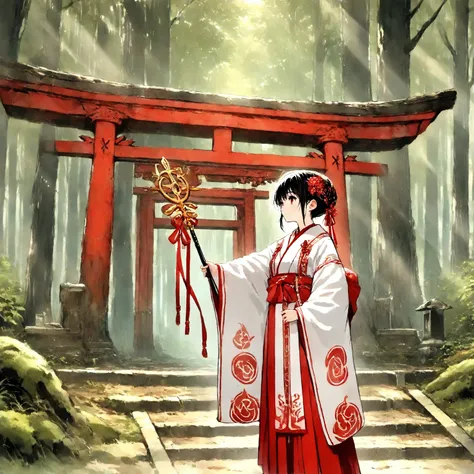  1girl , original_character, safe, a priestess in white and red shrine maiden attire, holding a ceremonial staff, forest setting, Namama Polaris , masterpiece,best quality,amazing quality