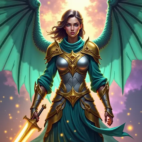 Well-kept old lady,  dark brown hair, Warrior of Light with a sword fighting, dressed in gold and silver and green-blue armor suit and with dragon wings, bright fluorescent colors 