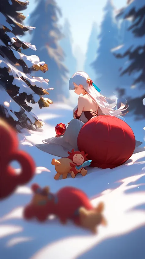 

 Do it full body
Environment:snowy forest with sunset on the backgroundLong hair, toys,  Slight smile,  Back image , Jewel,  Depth of Field,  lines of motion, 