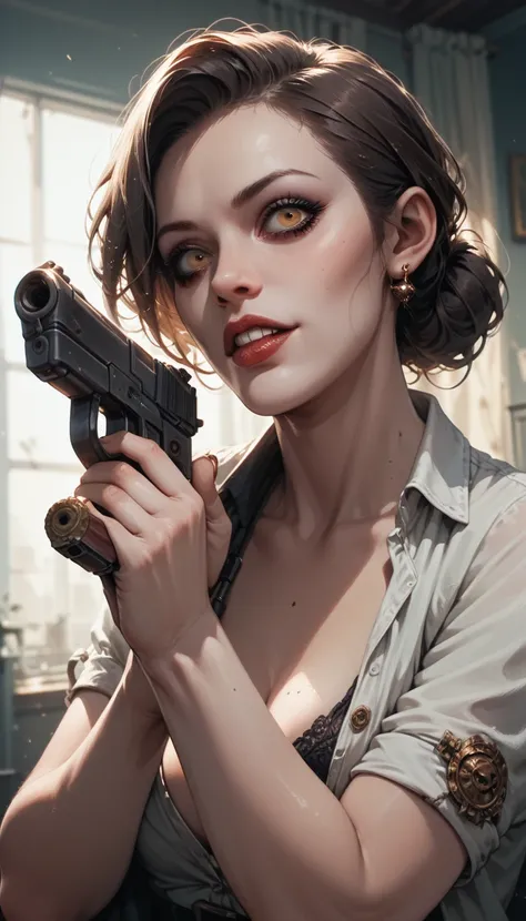 a close up of a woman holding a gun in a creepy scene