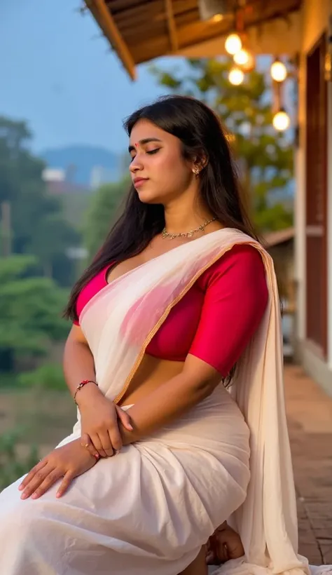 photo of Voluptuous Mature plus size Indian Bengali Aunty with dusky skin, wearing Transparent white red saree and strapless Blouse, showing her large U cut Cleavage, Red Sindoor on her forehead, Hair messed up, nice curves, sitting on a hut balcony , sens...