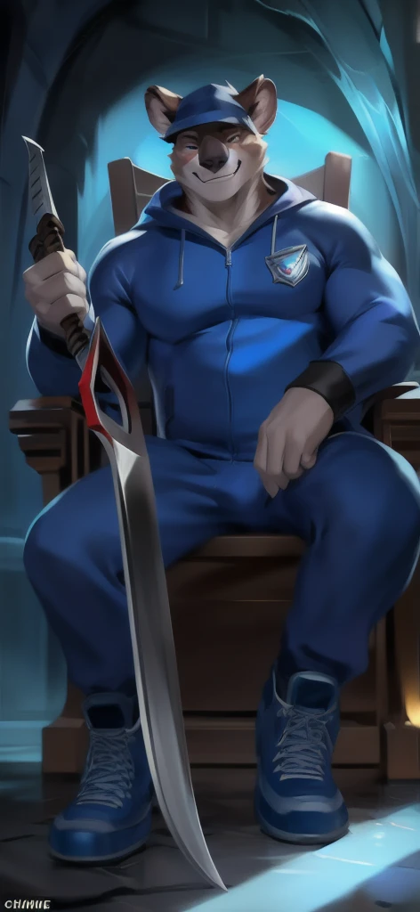 Solo, male Tall​ ,huge​ body​,​ Chair Ride ,underworld,Holding a sickle as a weapon to represent the Grim Reapers,koala ,ice blue Tracksuit soldier , Wear combat shoes, overweight, muscular, Smirking​ , by chunie 