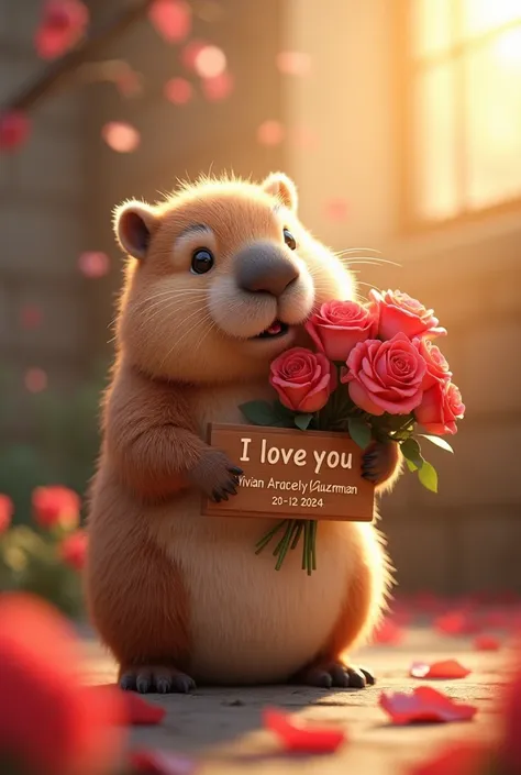 Cuddly capybara giving roses and a sign in the background that you can see and that says I love you Vivián Aracely Guzmán 20-12-2024