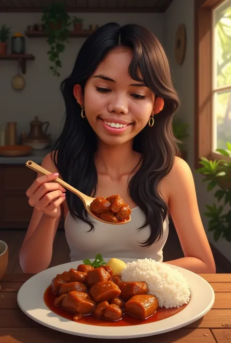 Generate this girl image as happily eating adobo 