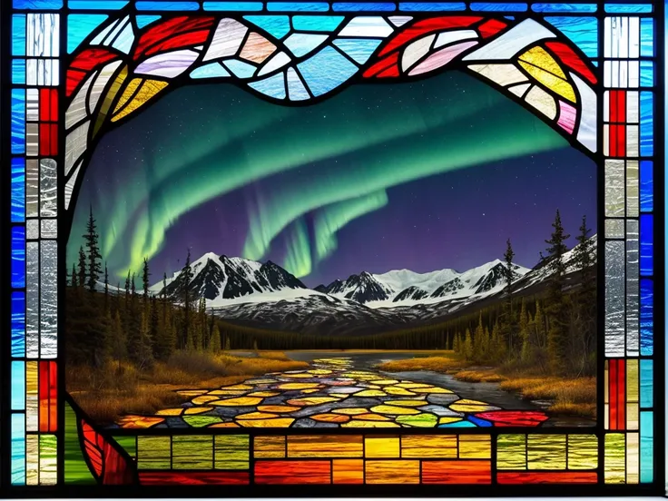 ( super detailed), ( aurora), ( stained glass art),  fractal art, Alaska