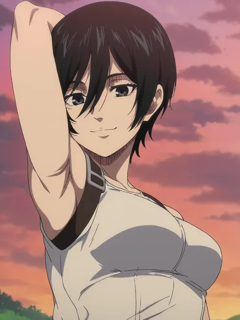 masterpiece, best quality, amazing quality, anime screencap, 1girl, solo, mikasaIL, short hair, hair between eyes, black hair,black eyes, strap, sleeveless, bare shoulders, bare arms, arm behind head, armpit, head towards viewer, looking at viewer, smile, ...