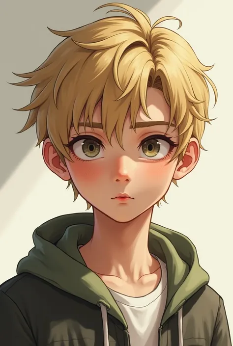  A teenage boy ,  white skin,  blond hair, slanted eyes, and big