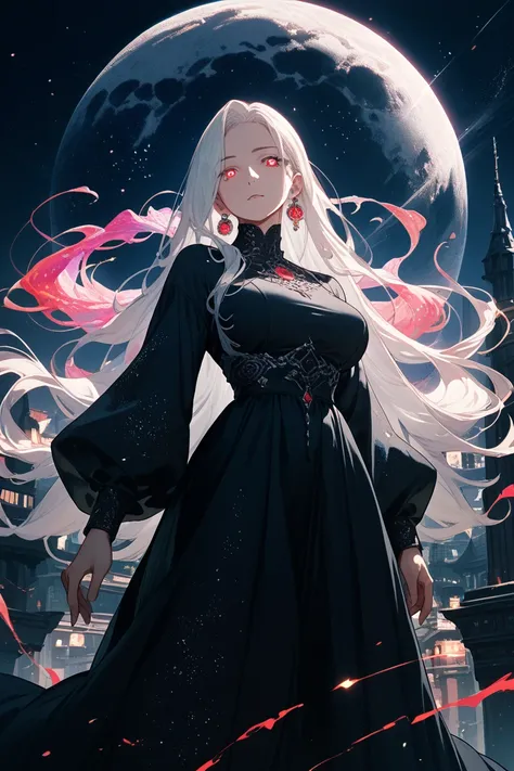 An Milf wearing a black dress, very long black and white hair, pure red eyes, and moon shaped pupils, cosmic like energy surrounds her, in a city background, vibrant colors, anime art