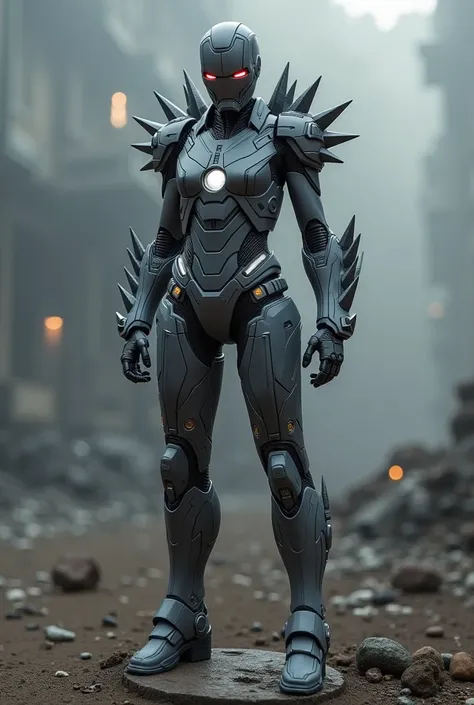 A female version of Iron Man, but her entire suit is matte grey, have red lights where the mask is, and the suit is covered in multiple spikes.