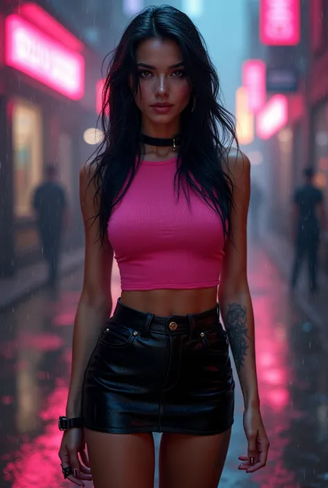 Sexy girl wearing pink and black clothes in rain 