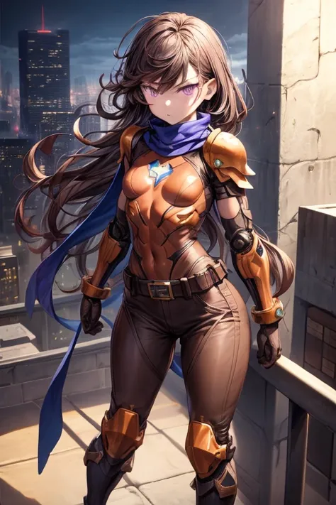 ((best quality)), ((masterpiece)), (detailed), 1 girl, young adult, purple eyes, serious face, long blue scarf, brown hair, long hair, wavy hair, bangs, brown collar, somewhat short, very thin, spikes on forearms, brown details, large brown leather gloves,...