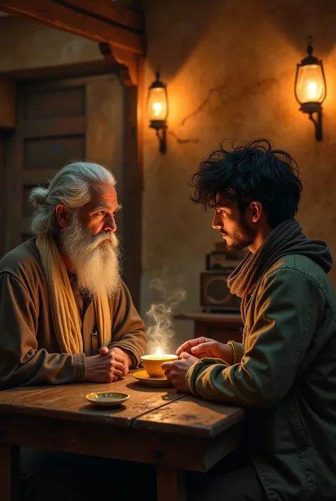 "A cozy, dimly lit teahouse with warm lantern light. An elderly man with a long white beard, faded brown kurta, and cream scarf (Baba Jan) sits across from a young man with messy black hair, a dusty green jacket, and a brown scarf (Arman). A steaming cup o...